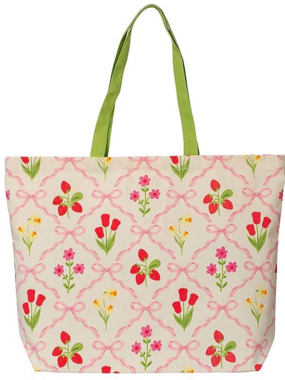Floral & Strawberry Pattern Canvas Tote Bag